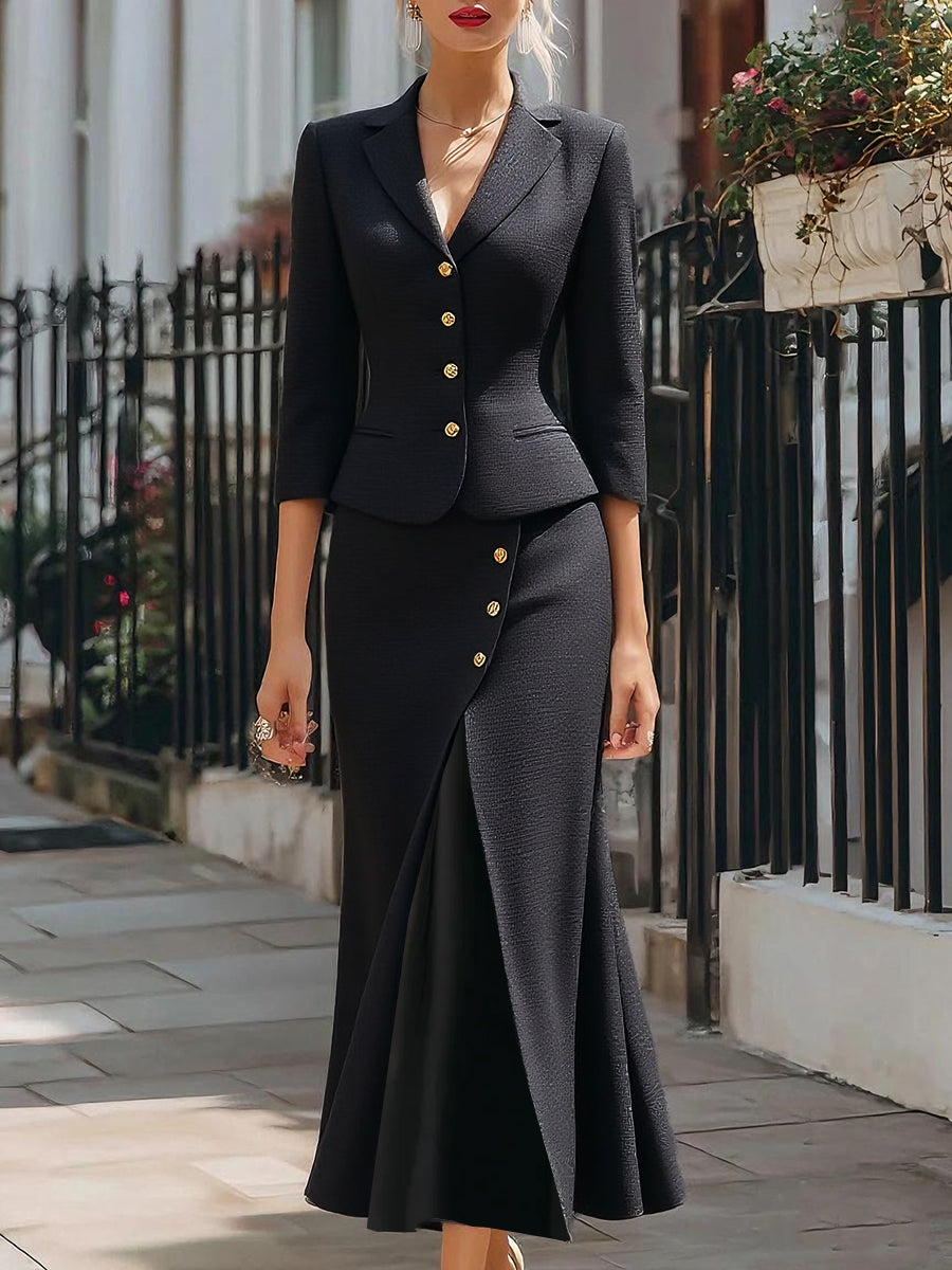 Vespera | Women's Textured Buttoned Blazer and Midi Skirt Set