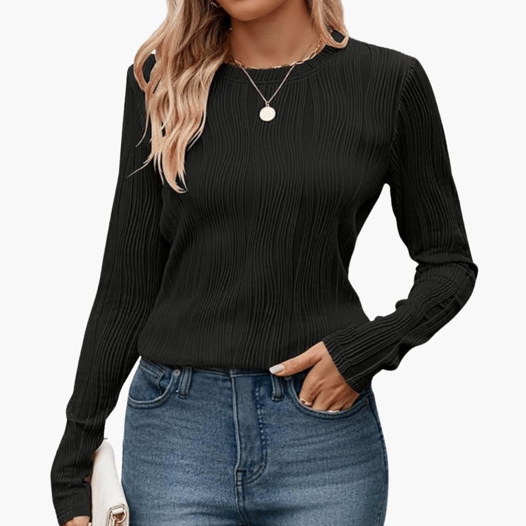 Elodie | Women's Ribbed Textured Round Neck Long Sleeve Top