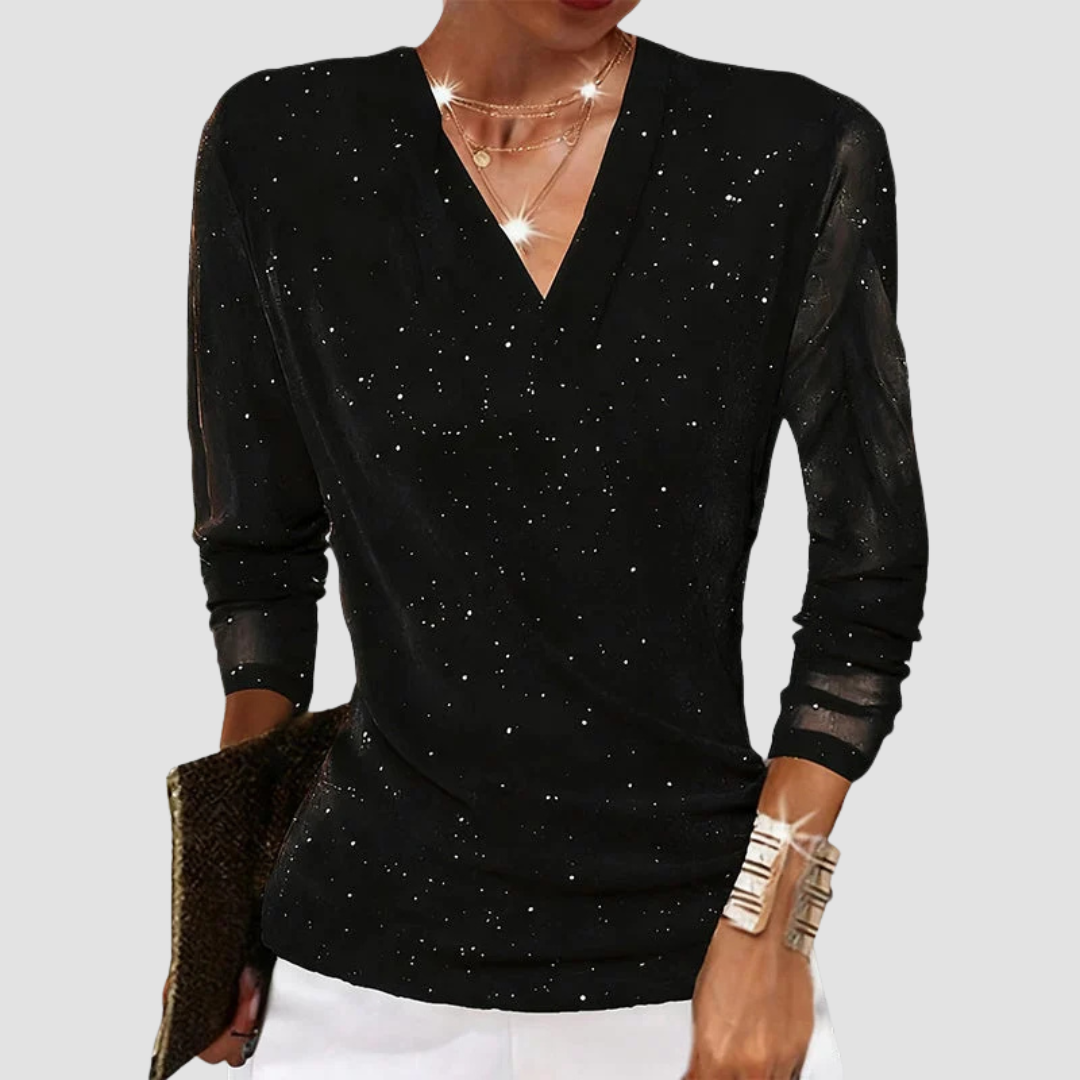 Ophelia | Women's Draped V Neck Sparkle Long Sleeve Going Out Top