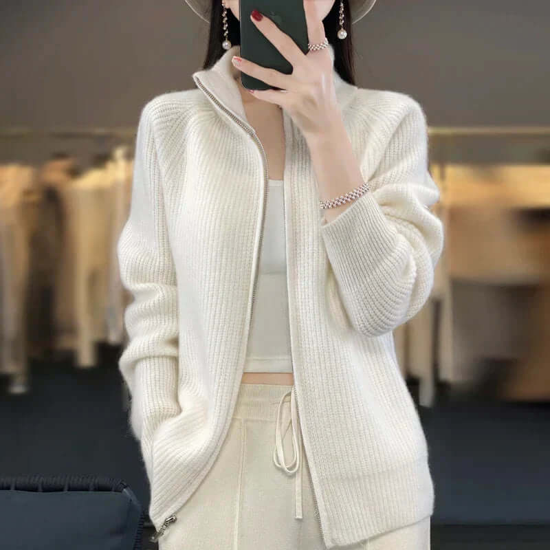 Verdaline | Women's Ribbed Knit Full Zip Stand Collar Cardigan
