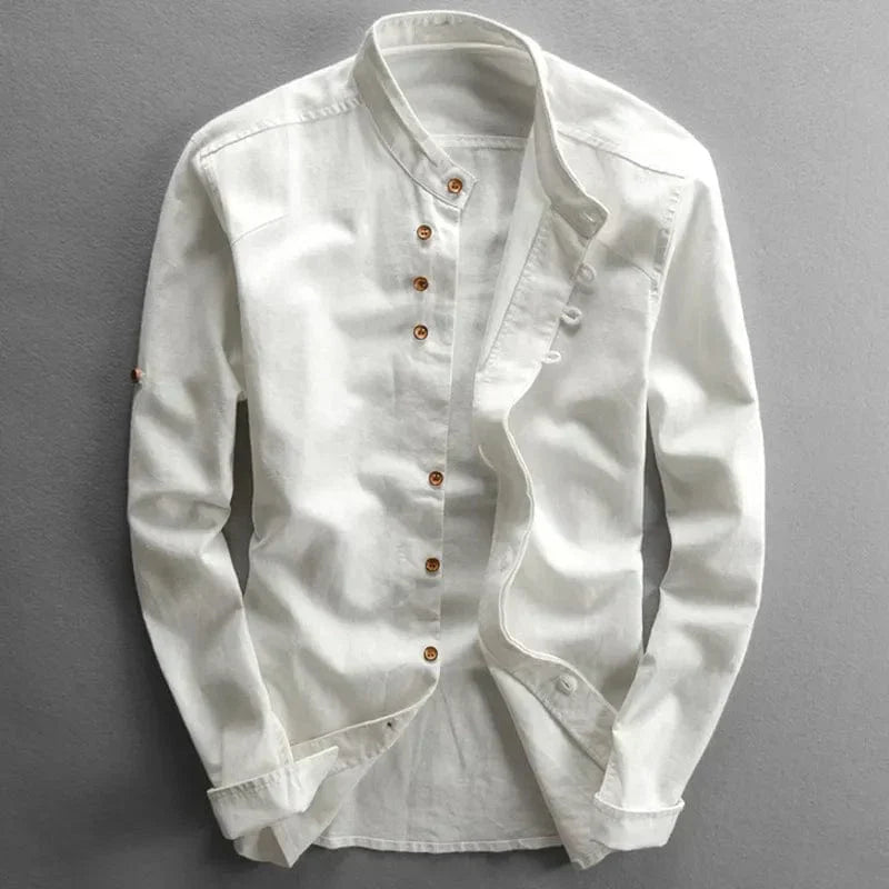 Kenji | Men's Mandarin Collar Button-Up Linen Blend Shirt