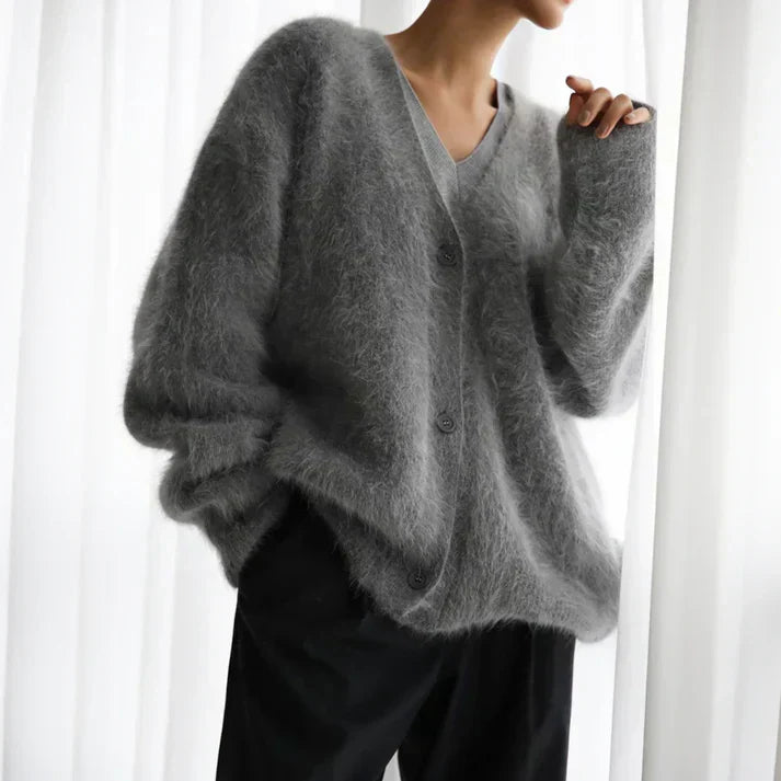 Elara | Women's Fuzzy Knit V-Neck Button-Front Cardigan