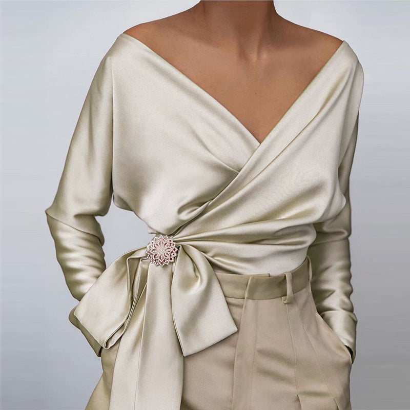 Elara | Women's Satin Wrap Bow Detail Off Shoulder Blouse