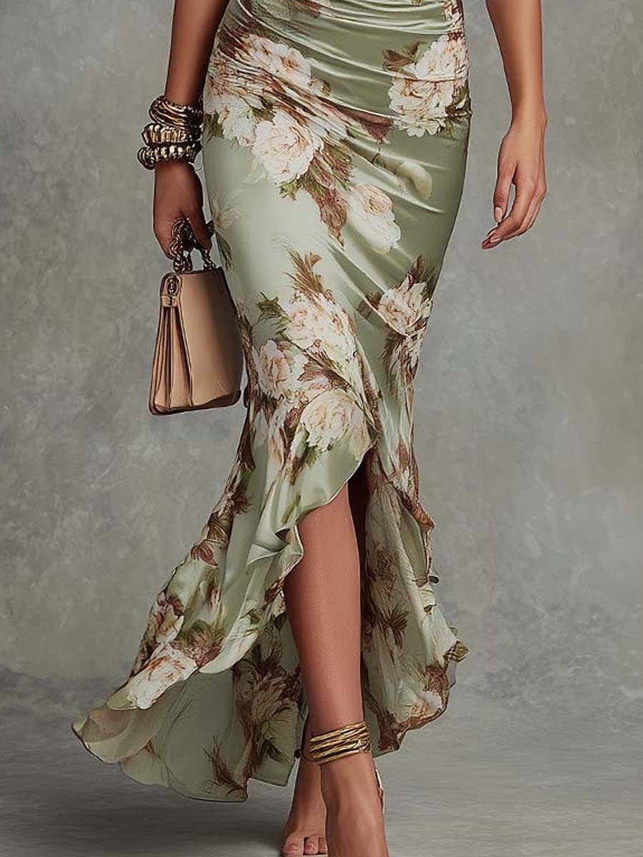 Vesper | Women's Floral V-Neck Flutter Sleeve Ruched Satin Maxi Dress