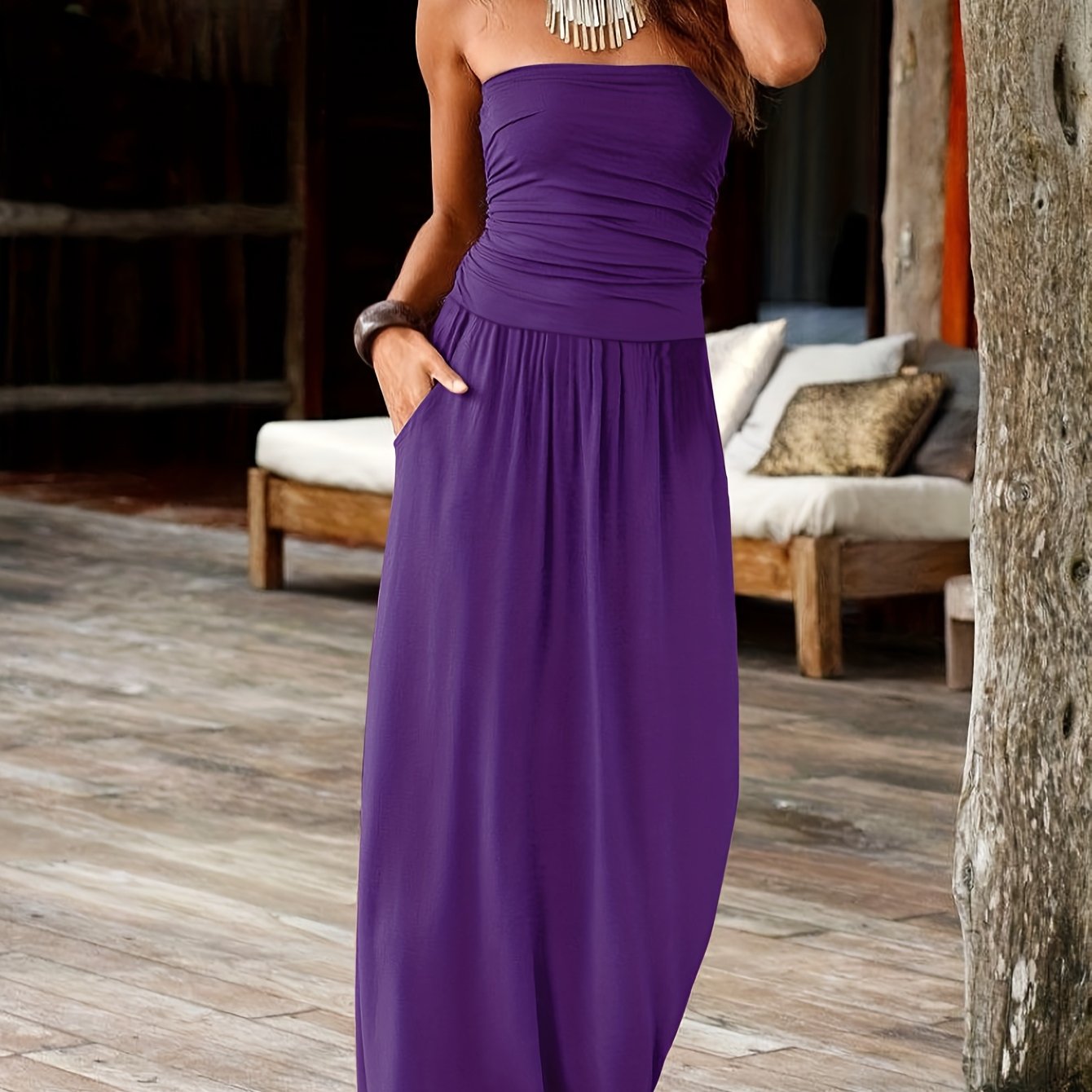 Talia | Women's Bandeau Strapless Ruched Summer Maxi Dress