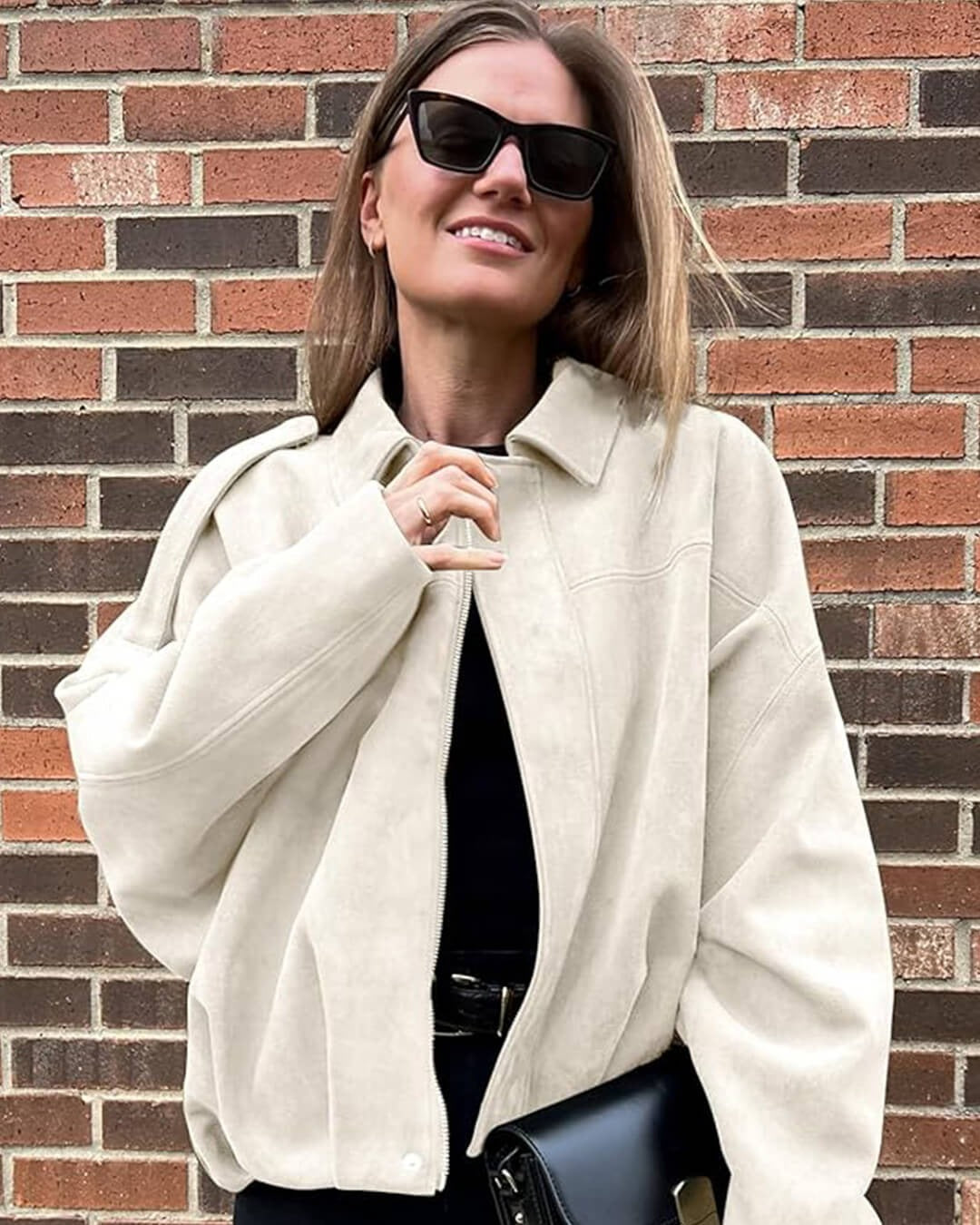 Corveline | Women's Faux Suede Collared Oversized Bomber Jacket