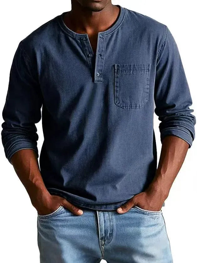 Kellan | Men's Vintage Washed Henley Long Sleeve Chest Pocket Shirt