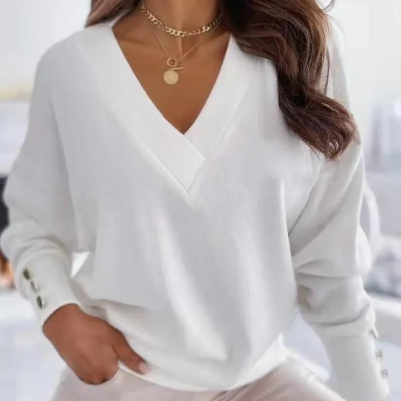 Linnea | Women's V-Neck Knit Button Cuff Sweater
