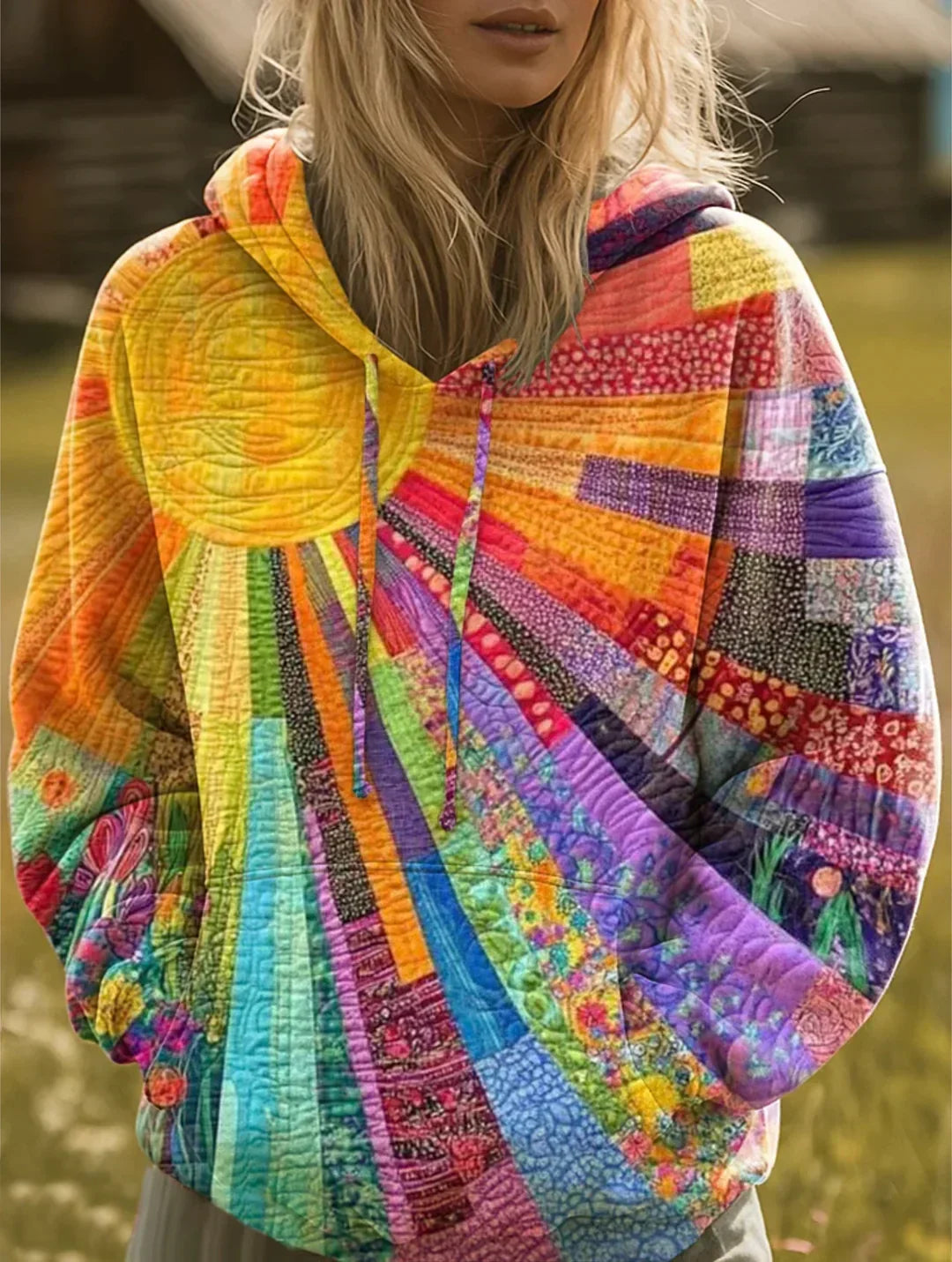 Seren | Women's Bohemian Patchwork Sunburst Hooded Sweatshirt