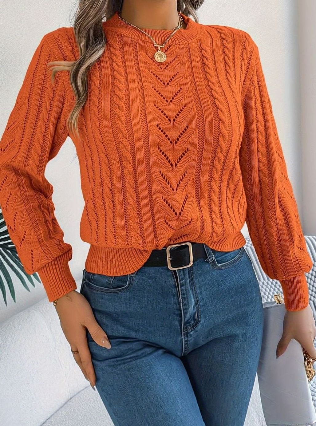 Wrenley | Women's Cable Knit Openwork Relaxed Crewneck Jumper