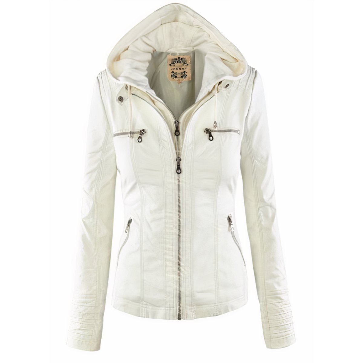 Delyth | Women's Hooded Moto Faux Leather Jacket Removable Hood