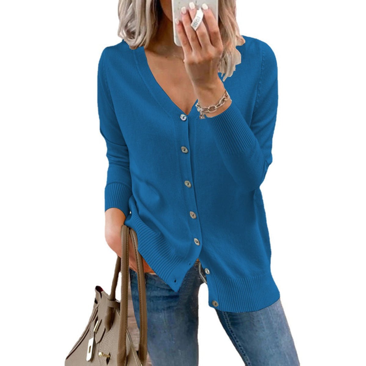Delphine | Women's V-Neck Button-Front Long Sleeve Knit Cardigan