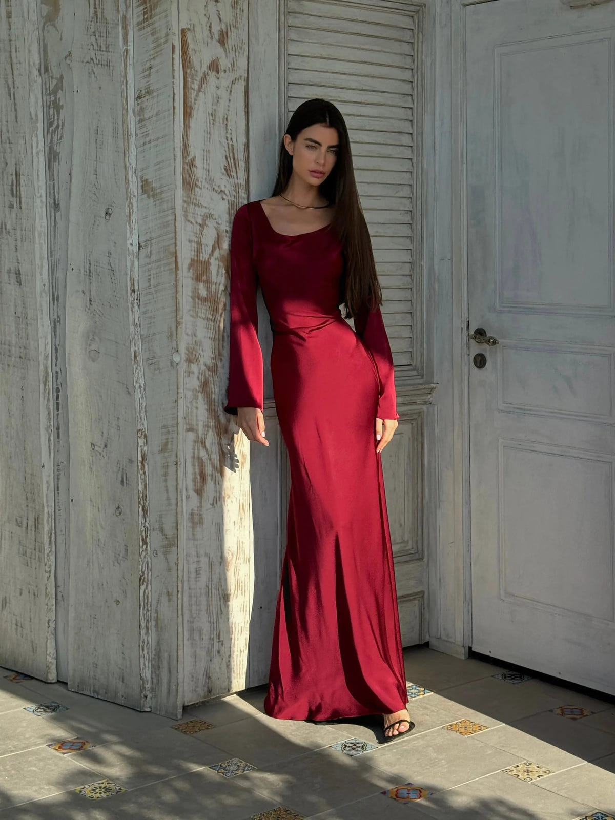 Ariadne | Women's Long Sleeve Satin Flowing Maxi Dress