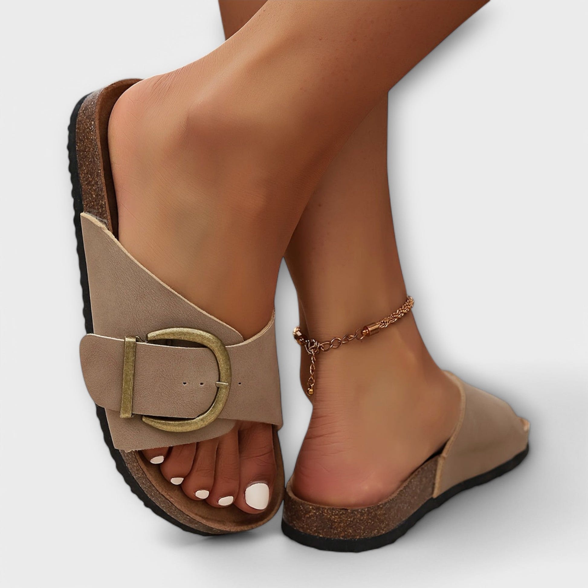 Joanna | Flat Sandals Cork Footbed Buckle Slide Orthopedic