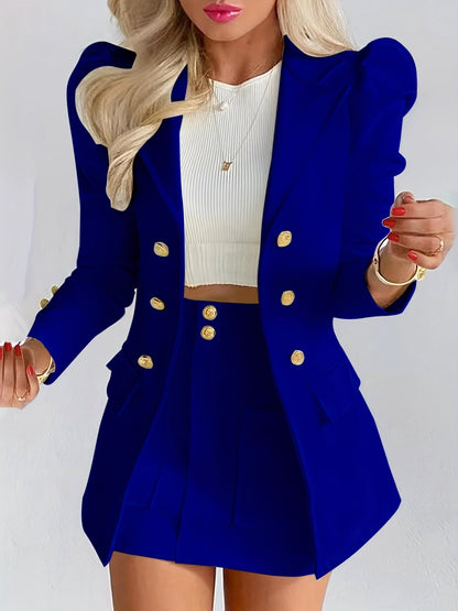 Elodie | Women's Tailored Puff Sleeve Double Breasted Blazer Skirt Two Piece Set