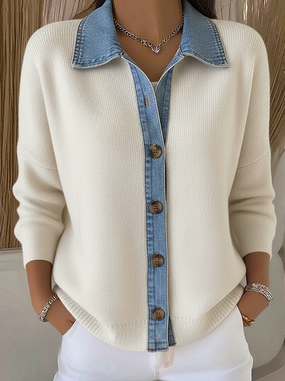 Marlouise | Women's Polo Collar Denim Trim Knit Cardigan