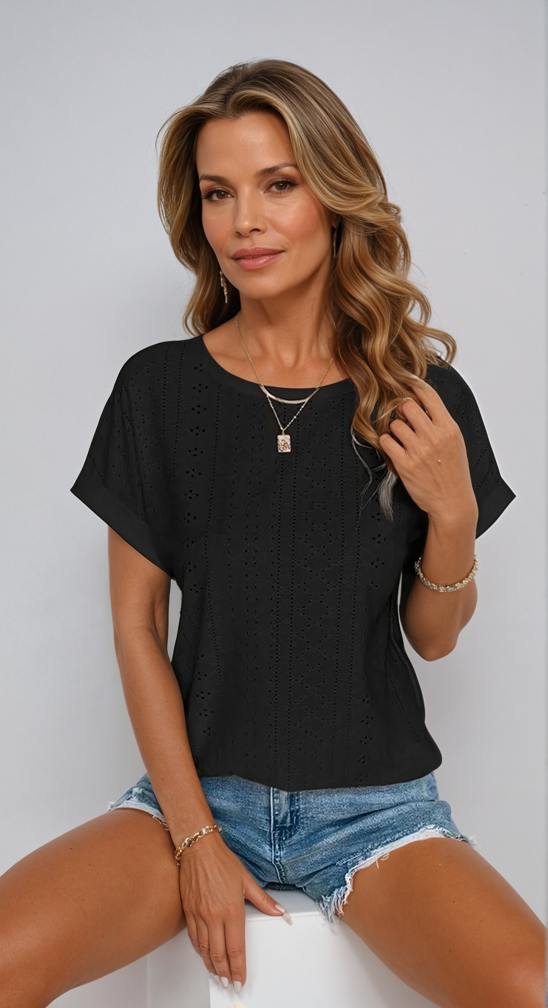 Becky | Eyelet Tops Short Sleeve Oversized Casual Blouses