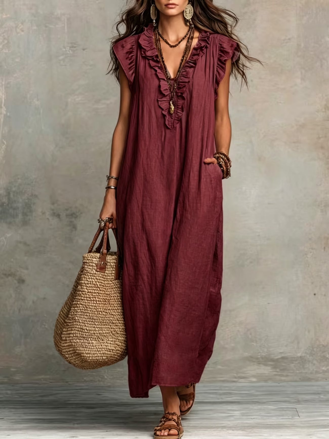 Wrenlow | Women's Ruffle Sleeveless Boho Maxi Dress