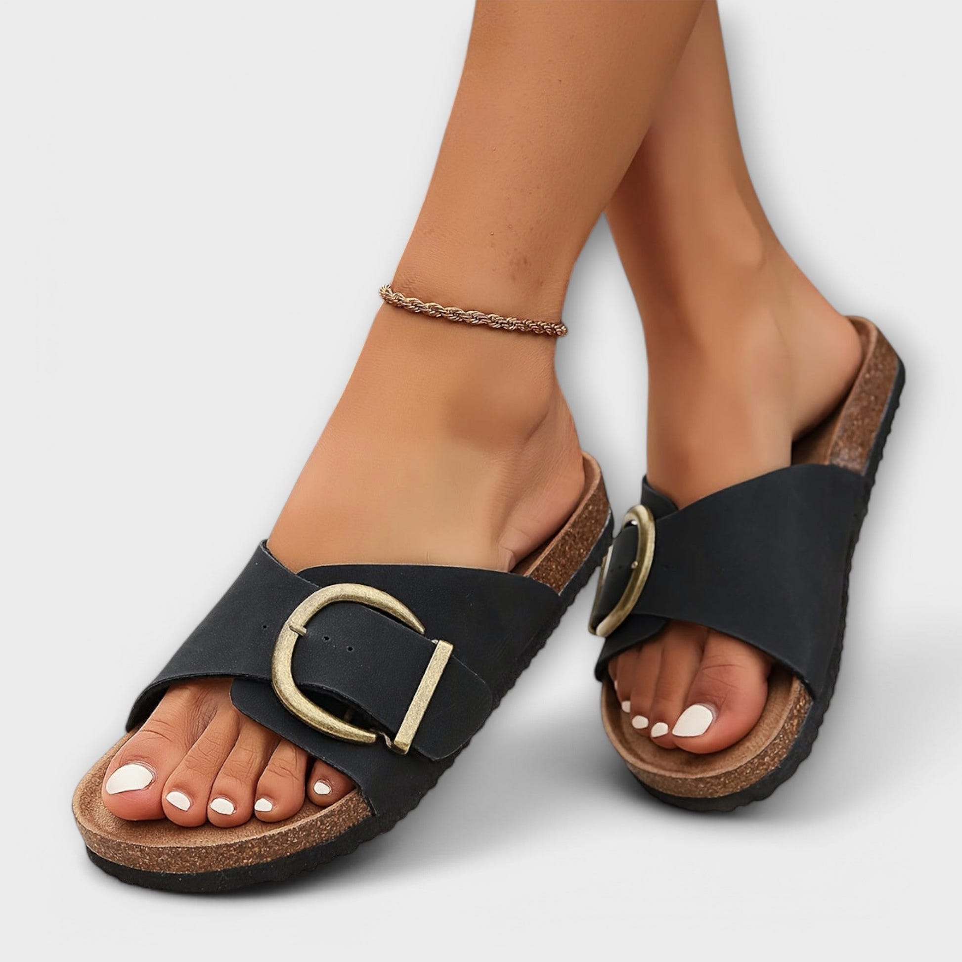 Joanna | Flat Sandals Cork Footbed Buckle Slide Orthopedic