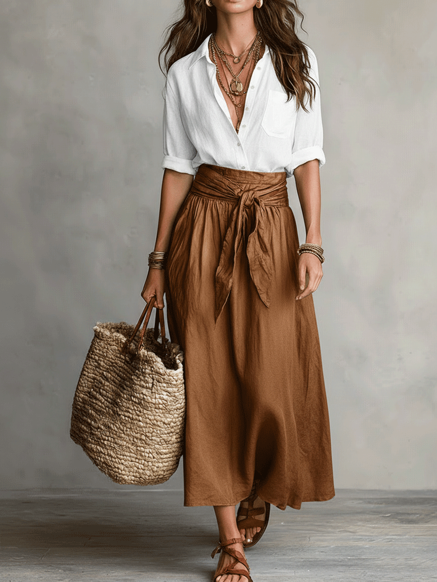 Sage | Women's Boho Button Down Blouse Tie Waist Maxi Skirt Set
