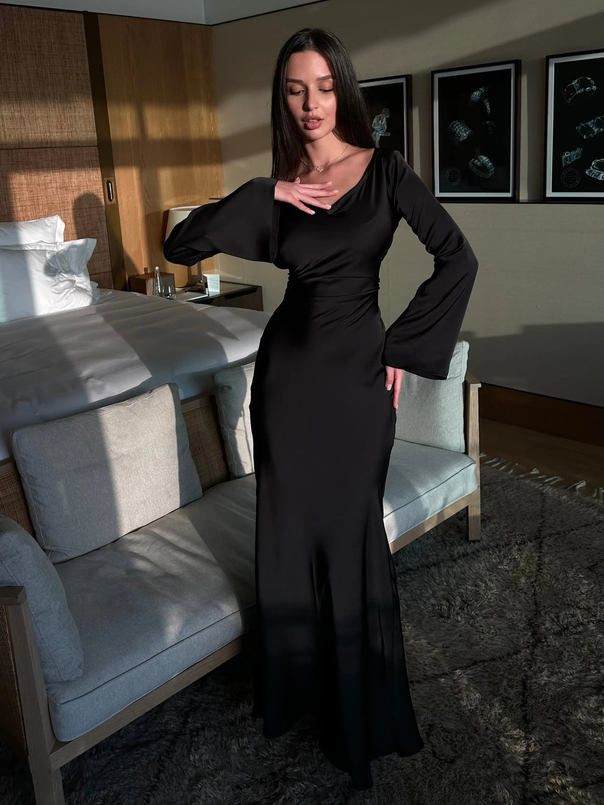 Ariadne | Women's Long Sleeve Satin Flowing Maxi Dress