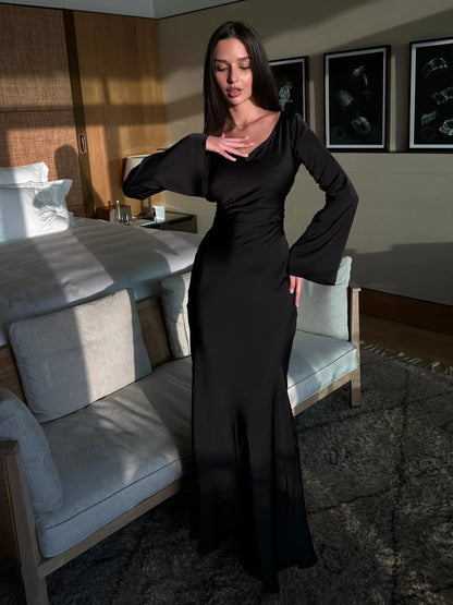 Ariadne | Women's Long Sleeve Satin Flowing Maxi Dress
