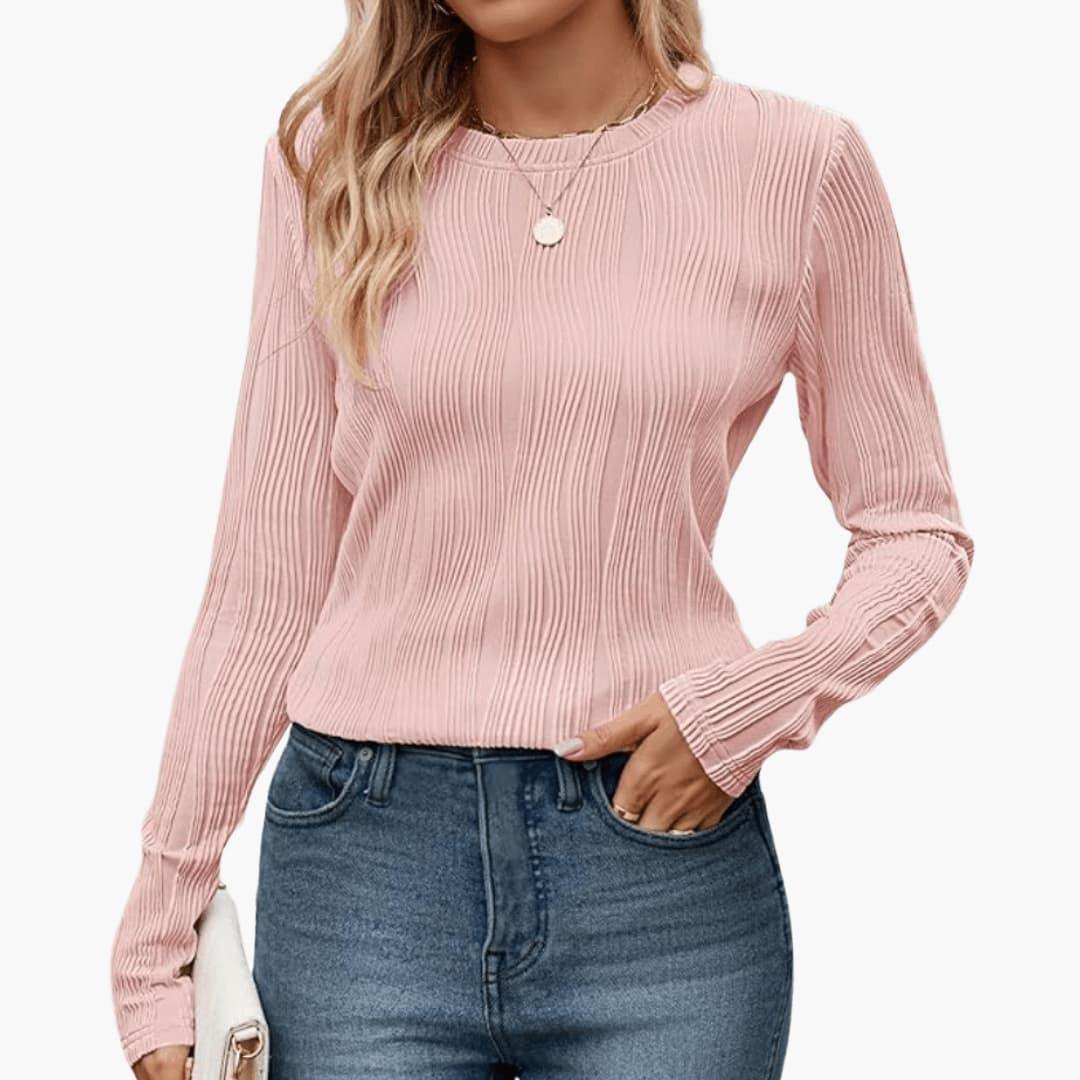 Elodie | Women's Ribbed Textured Round Neck Long Sleeve Top