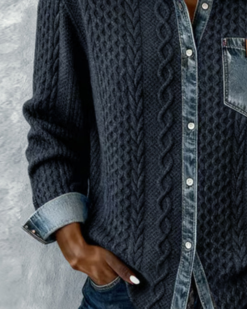 Wilder | Women's Cable Knit Denim Contrast Button-Up Long Sleeve Shirt