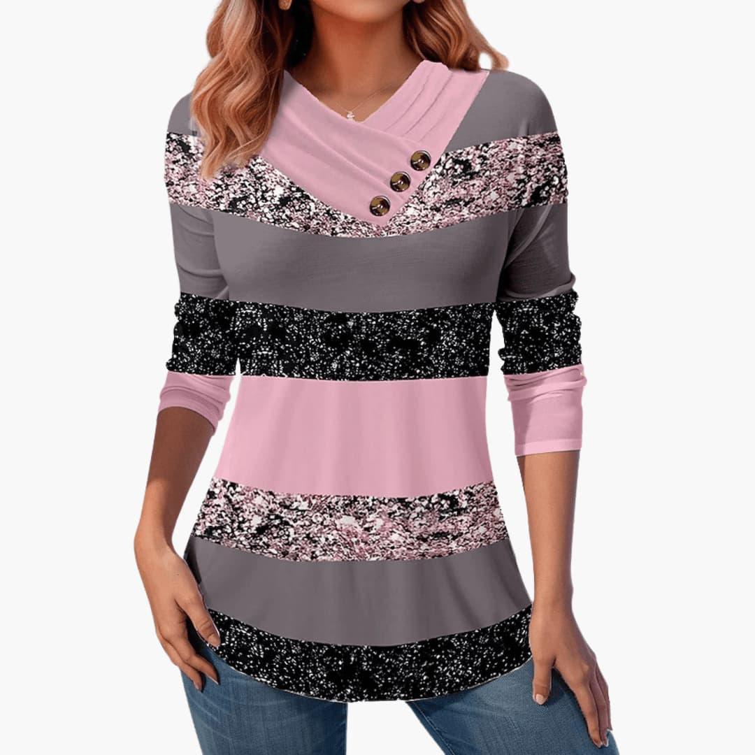 Marlowe | Women's Colour Block Striped V-Neck Long Sleeve Top