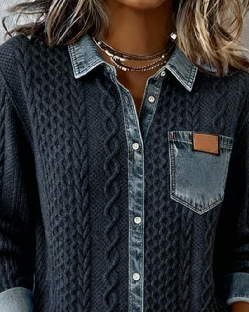 Wilder | Women's Cable Knit Denim Contrast Button-Up Long Sleeve Shirt