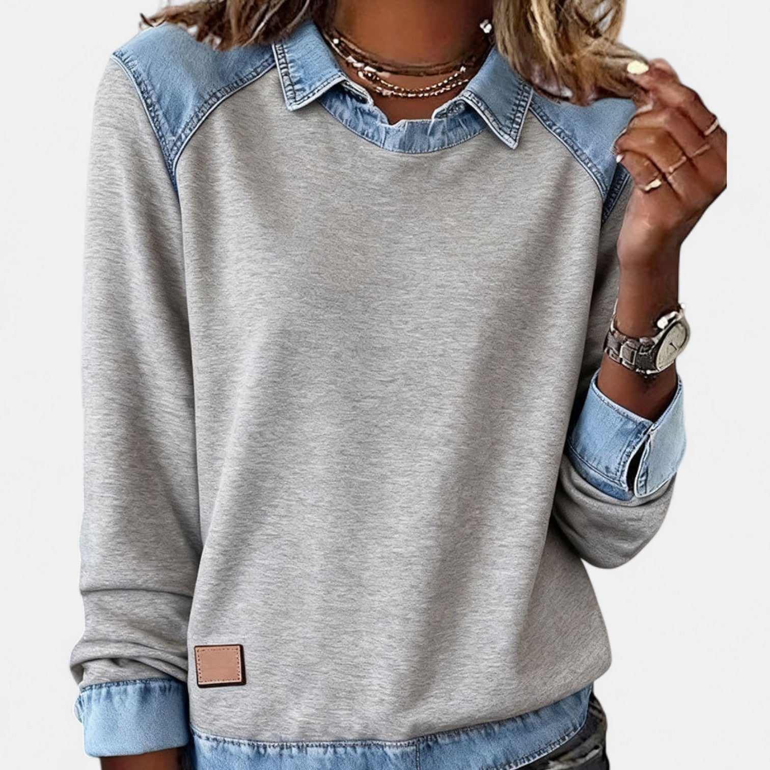 Delaney | Women's Collared Denim Contrast Long Sleeve Jumper