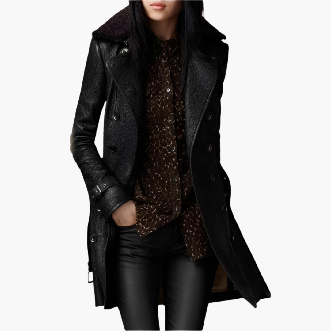 Marlowe | Women's Double-Breasted Belted Shearling Collar Trench Coat