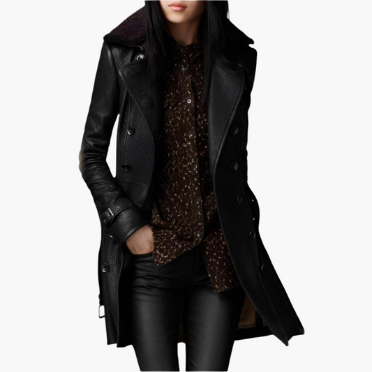 Marlowe | Women's Double-Breasted Belted Shearling Collar Trench Coat