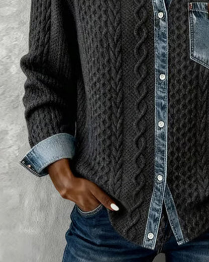 Wilder | Women's Cable Knit Denim Contrast Button-Up Long Sleeve Shirt