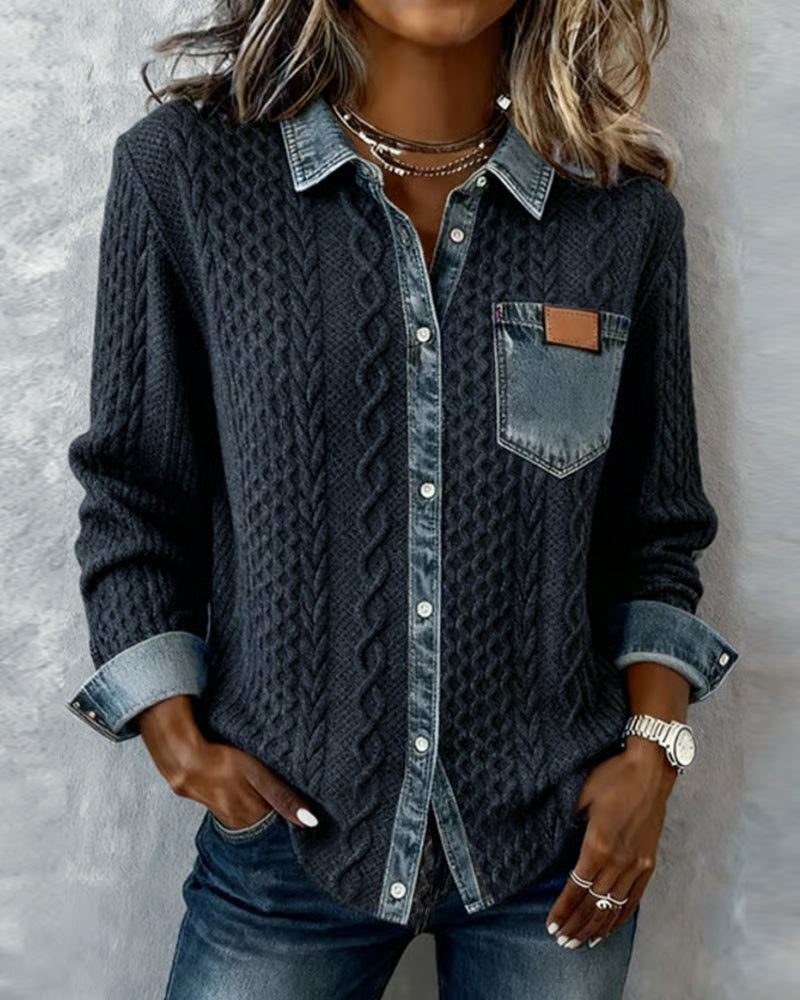 Wilder | Women's Cable Knit Denim Contrast Button-Up Long Sleeve Shirt