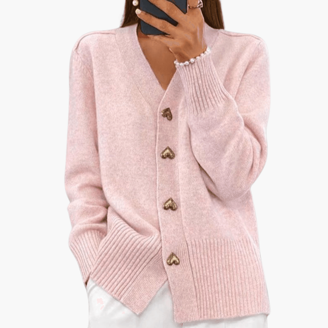 Elara | Women's Button-Up V-Neck Knit Heart-Button Cardigan