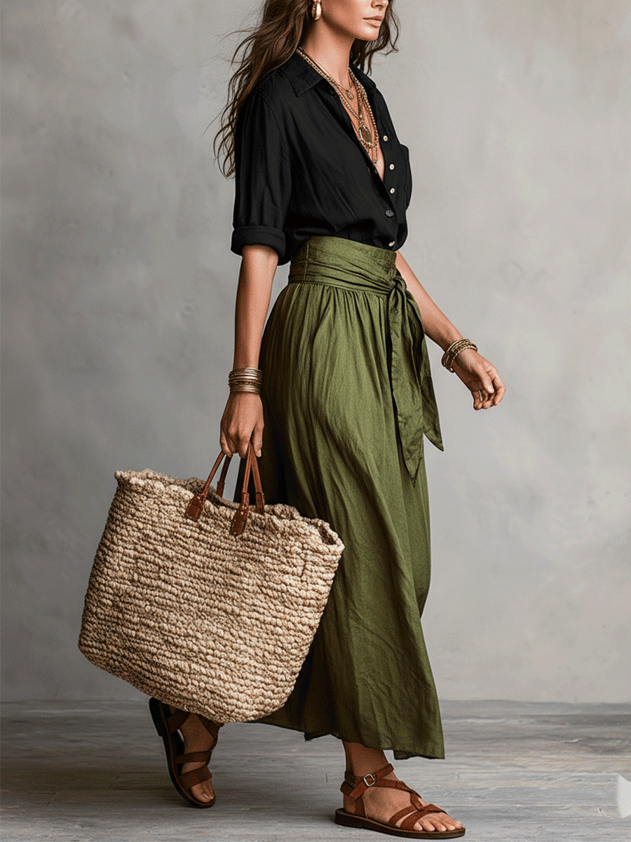 Sage | Women's Boho Button Down Blouse Tie Waist Maxi Skirt Set