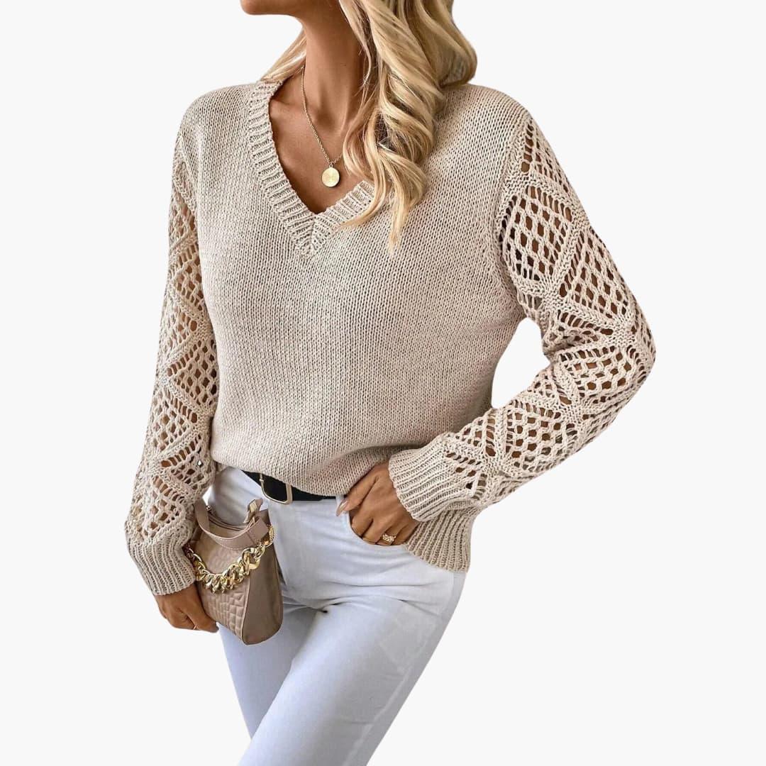 Elowen | Women's V-Neck Crochet Sleeve Relaxed Fit Jumper