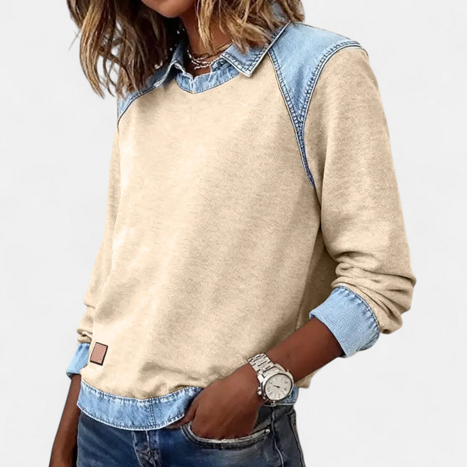 Delaney | Women's Collared Denim Contrast Long Sleeve Jumper