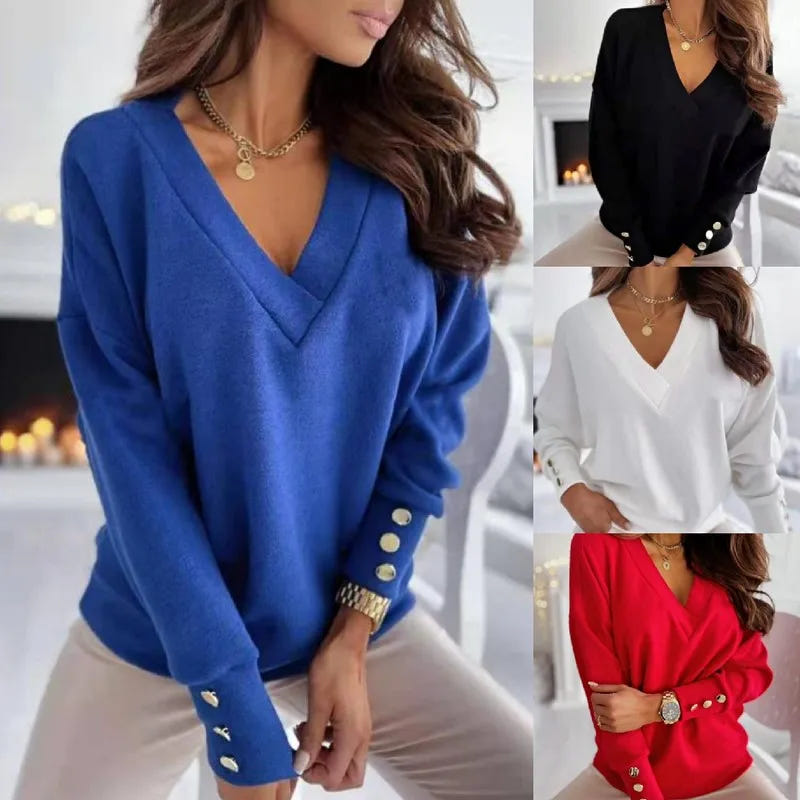 Linnea | Women's V-Neck Knit Button Cuff Sweater