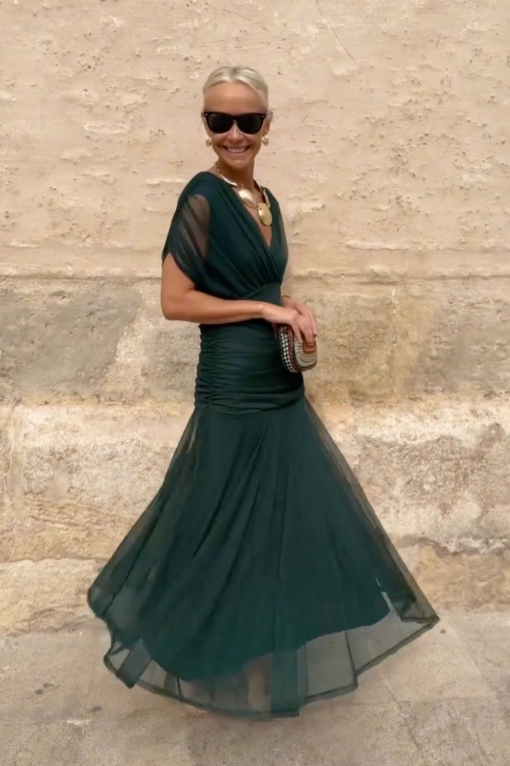 Philippa | Women's Elegant V Neck Chiffon Pleated Wedding Guest Maxi Dress