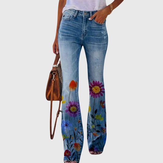 Wildflower | Women's High Waisted Floral Print Flared Denim Jeans