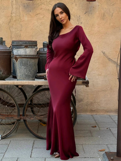 Ariadne | Women's Long Sleeve Satin Flowing Maxi Dress