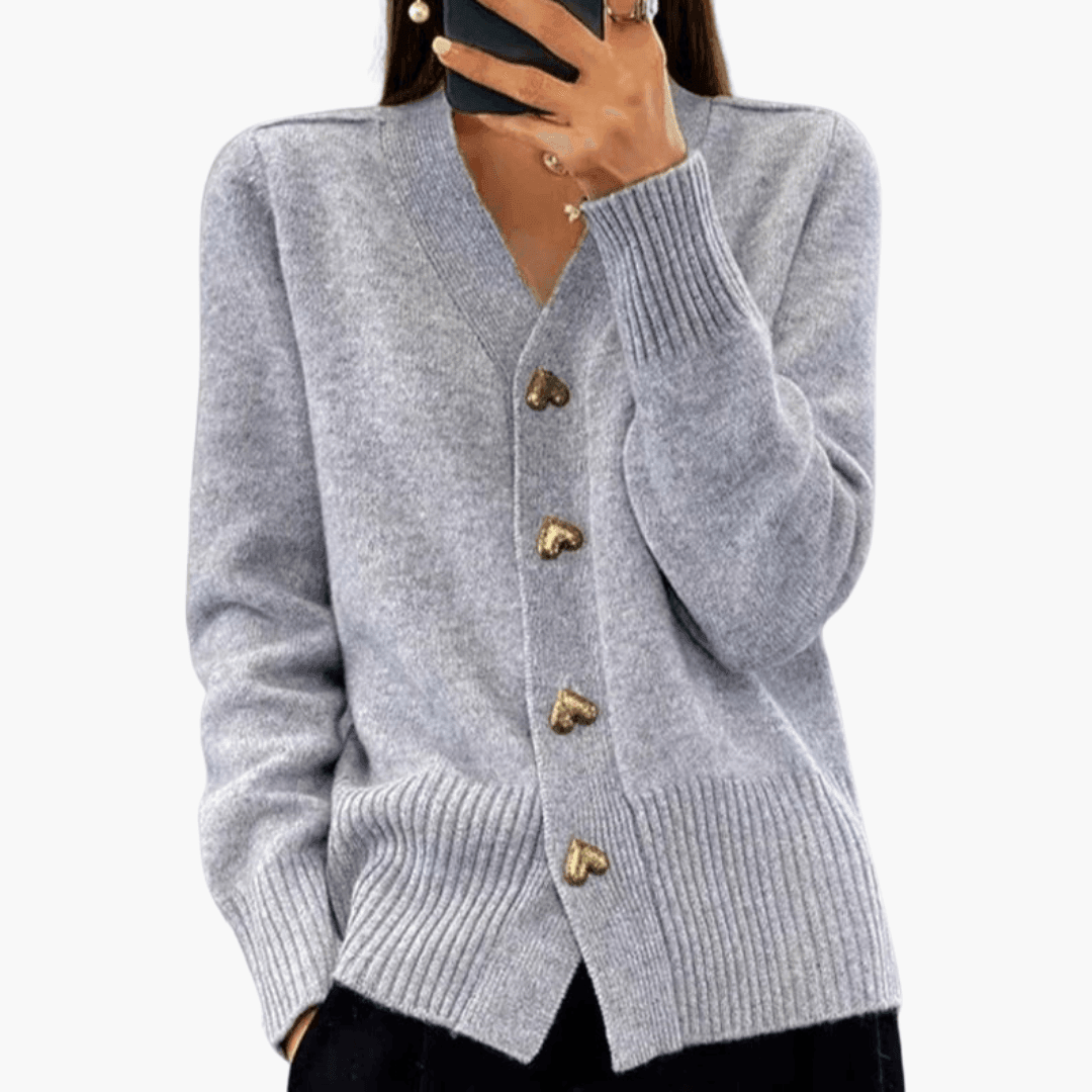 Elara | Women's Button-Up V-Neck Knit Heart-Button Cardigan