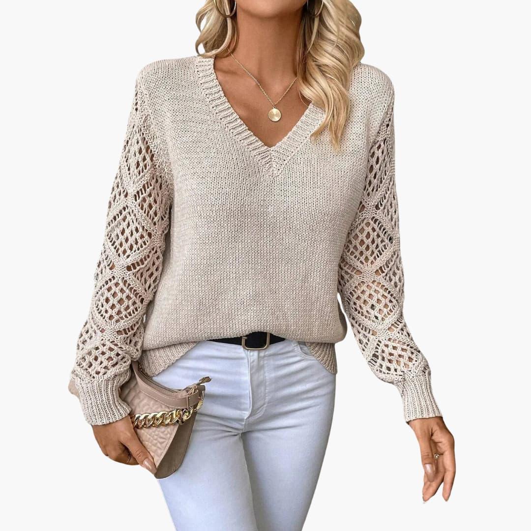Elowen | Women's V-Neck Crochet Sleeve Relaxed Fit Jumper