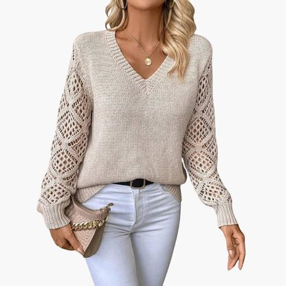 Elowen | Women's V-Neck Crochet Sleeve Relaxed Fit Jumper