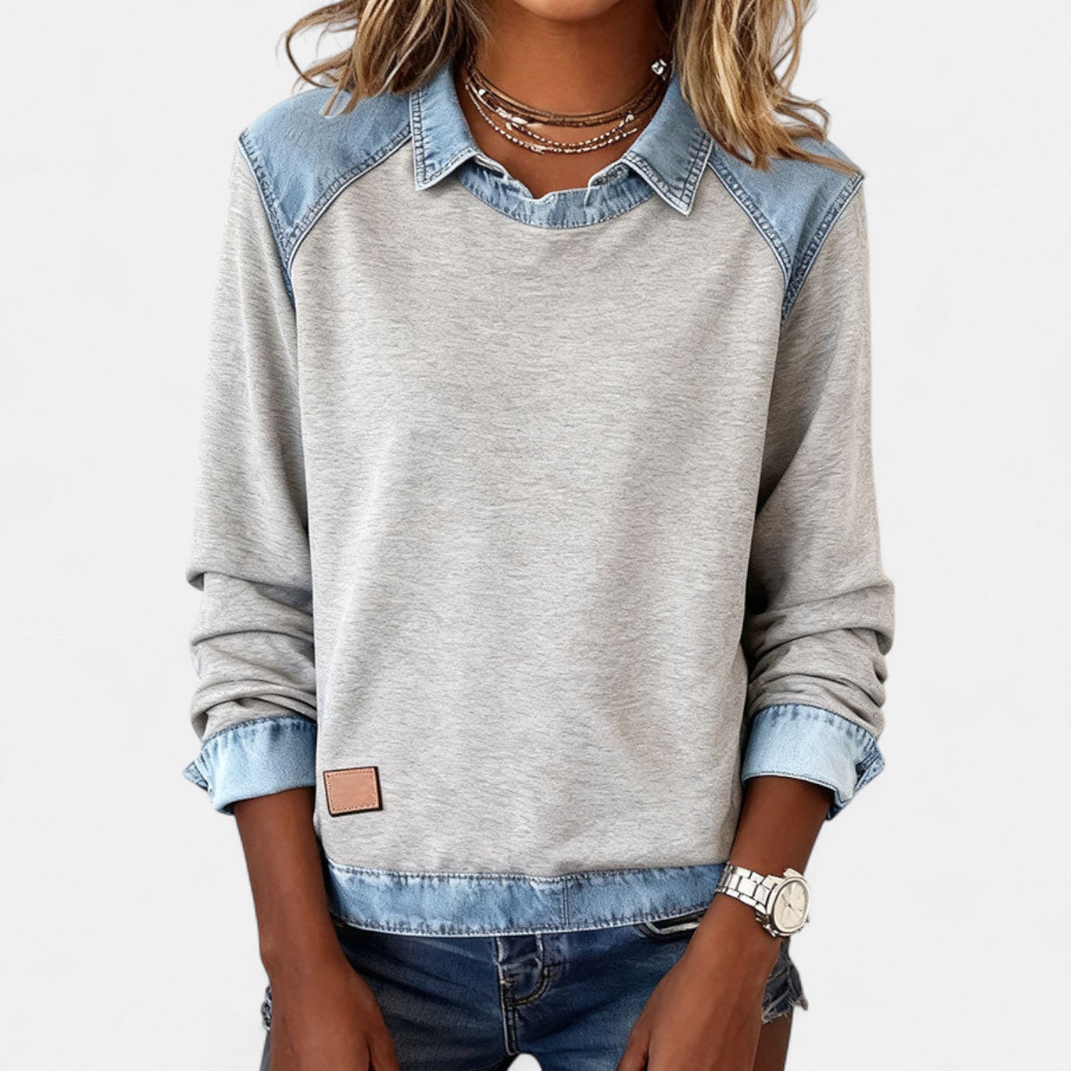 Delaney | Women's Collared Denim Contrast Long Sleeve Jumper
