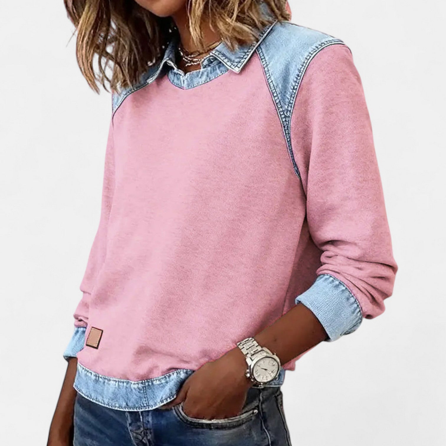 Delaney | Women's Collared Denim Contrast Long Sleeve Jumper