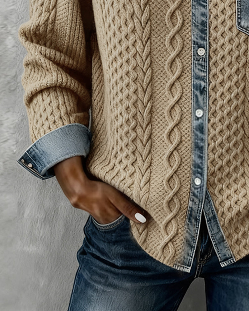 Wilder | Women's Cable Knit Denim Contrast Button-Up Long Sleeve Shirt
