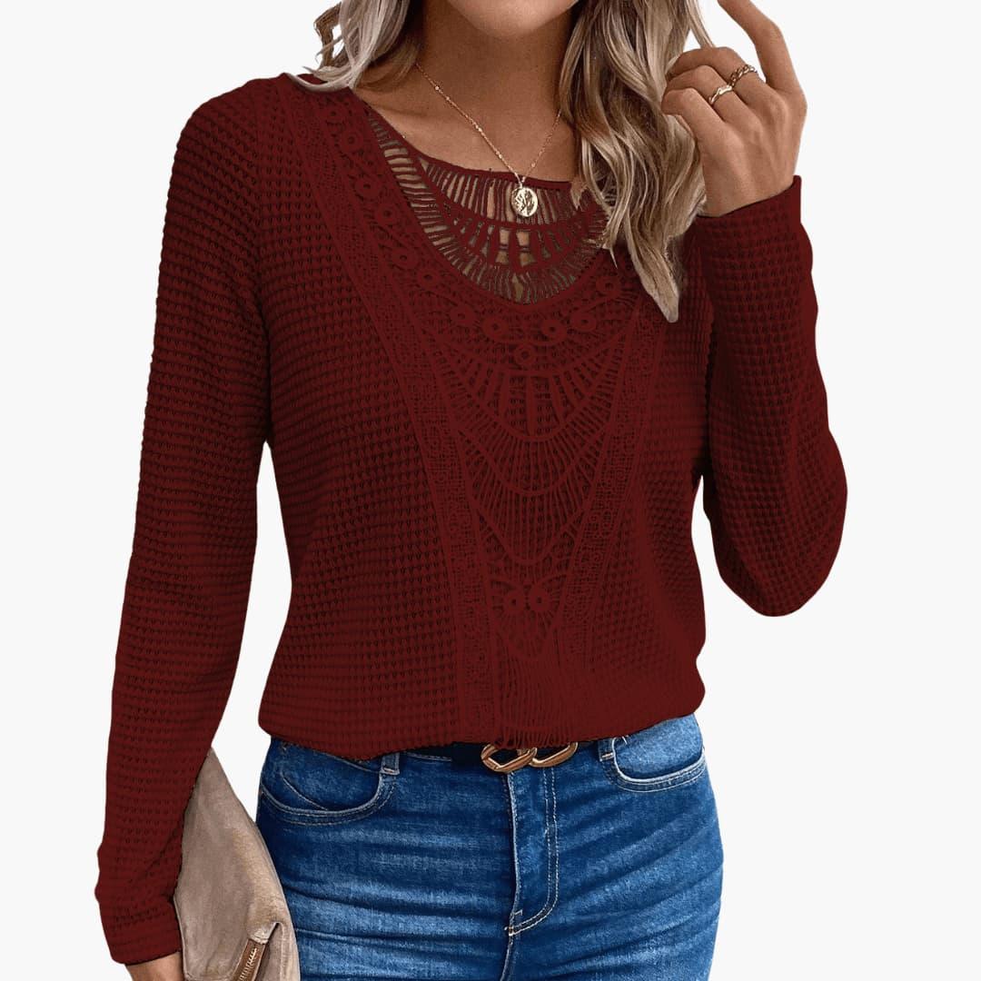 Elara | Women's Long Sleeve Crochet Waffle Knit Top